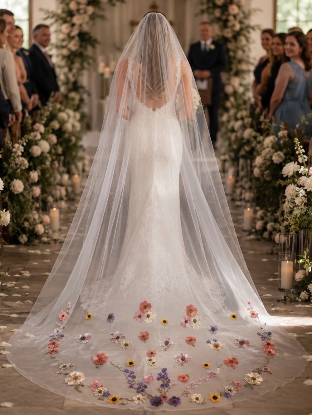 Long Floral Embroidered Bridal Veil - White